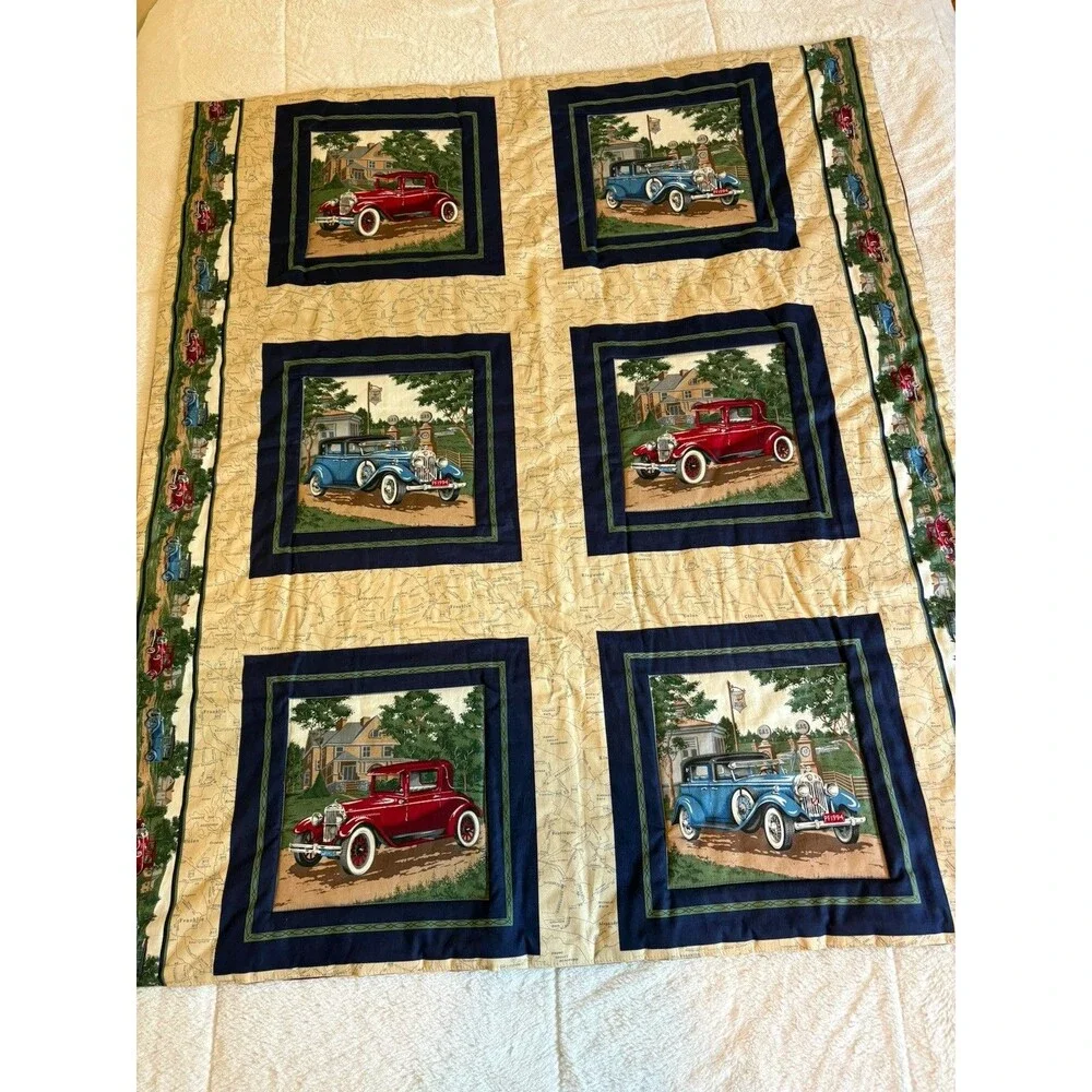Vintage Handmade Quilted Vintage Antique Cars Throw Blanket and Pillows 42x50
